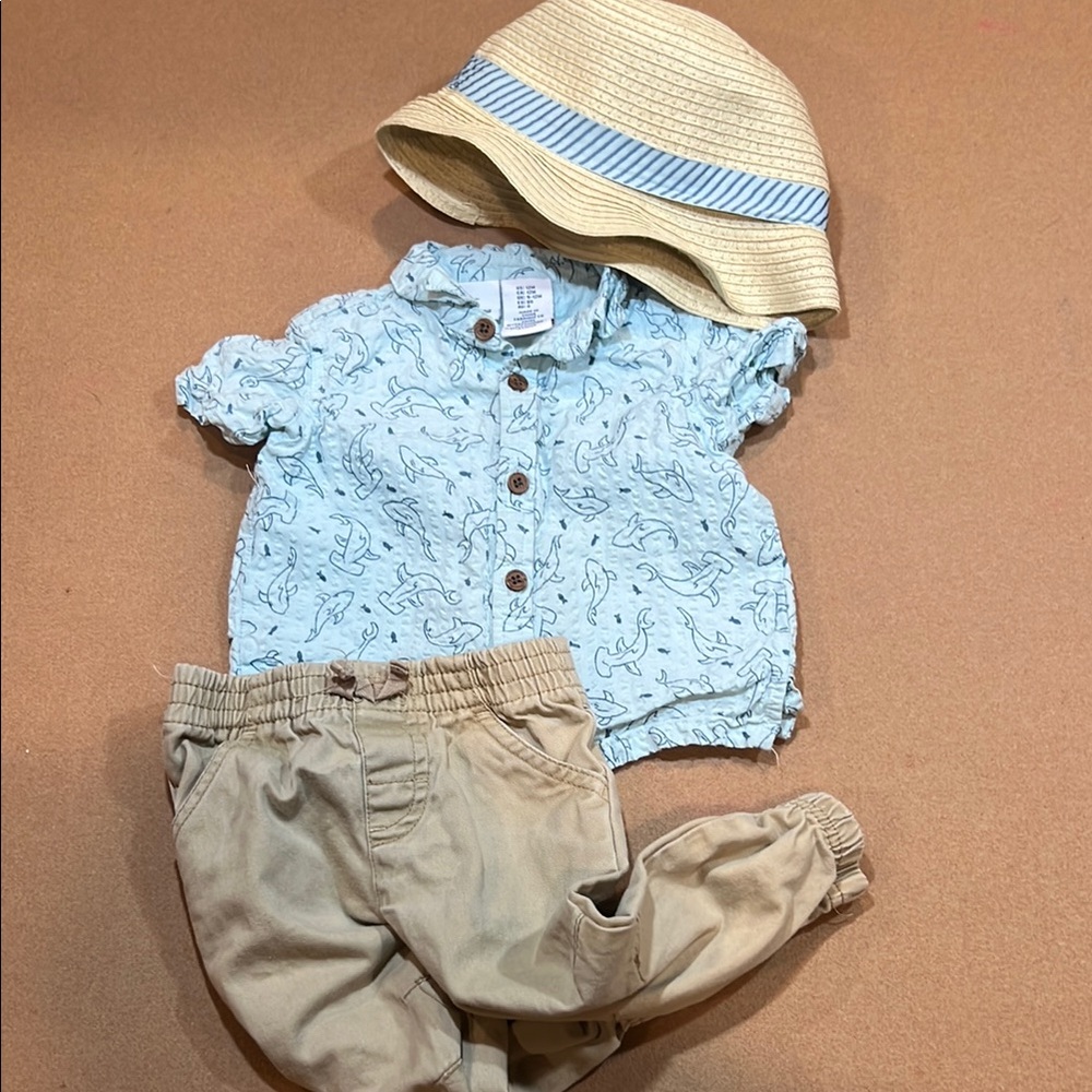 12 Mo Tommy Bahama 3 pc Shark Outfit Button down shirt w/ matching hat + khakis